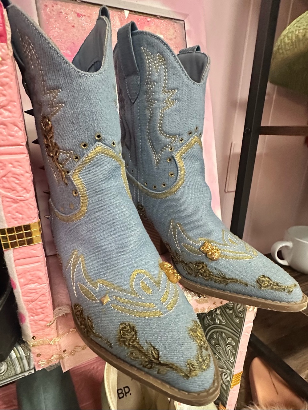 Swhitey Hand Embellished Denim Blue Western Heeled Boots with Gold Embroidery